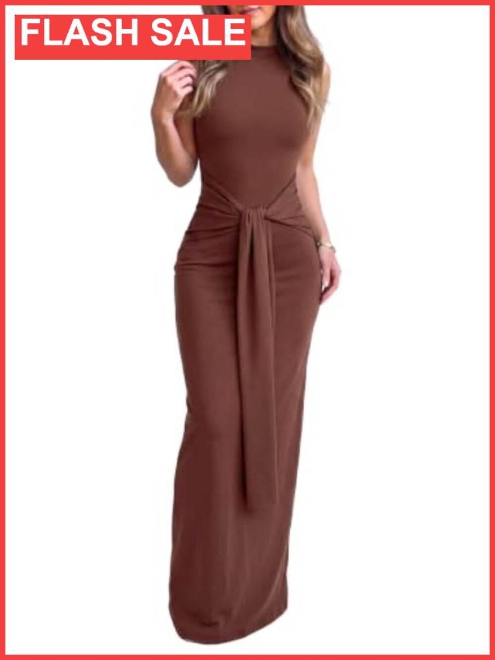 Sleeveless High Neck Tie Front Ribbed Bodycon Maxi Dress